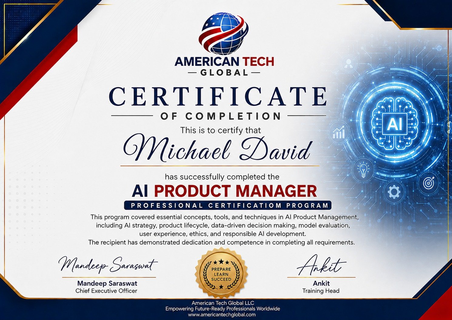 American Tech Global LLC Certificate of Completion for AI Product Manager with Agentic AI