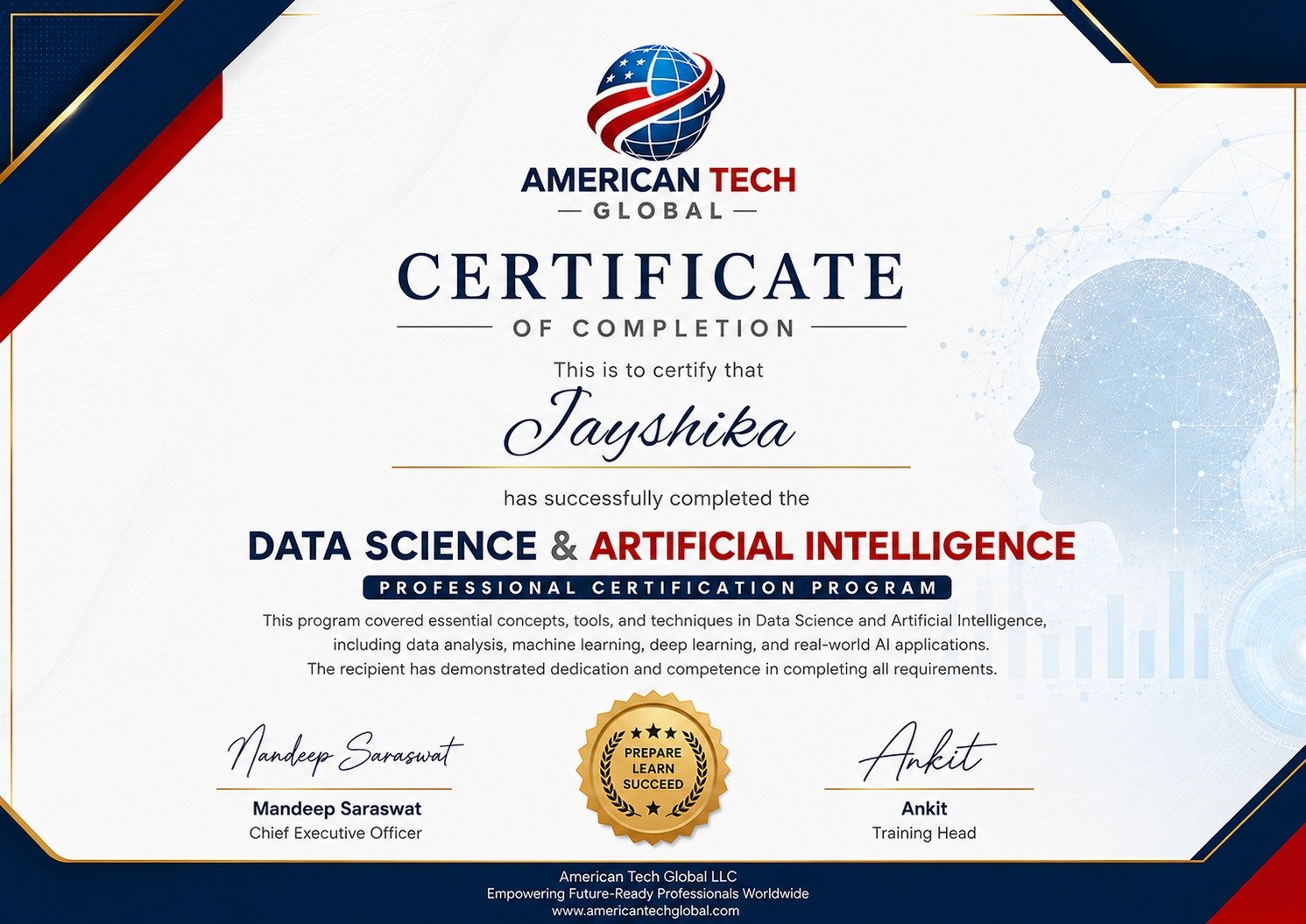 American Tech Global LLC Certificate of Completion for Data Science & Artificial Intelligence
