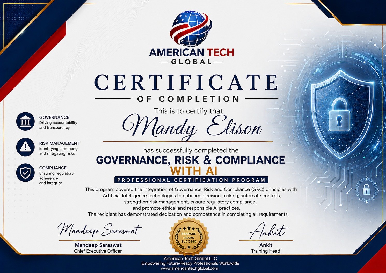 American Tech Global LLC Certificate of Completion for Governance, Risk & Compliance with AI