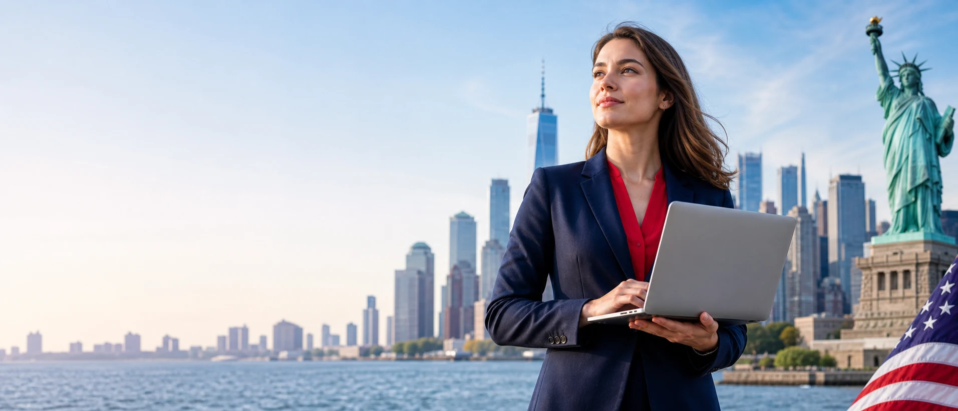 American technology professional holding a laptop with the New York skyline and Statue of Liberty